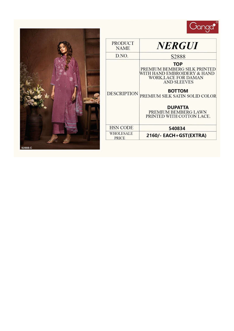 Ganga Fashion Nergui 2888 Bemberg Silk Printed Hand Embroidery Fancy Salwar Kameez