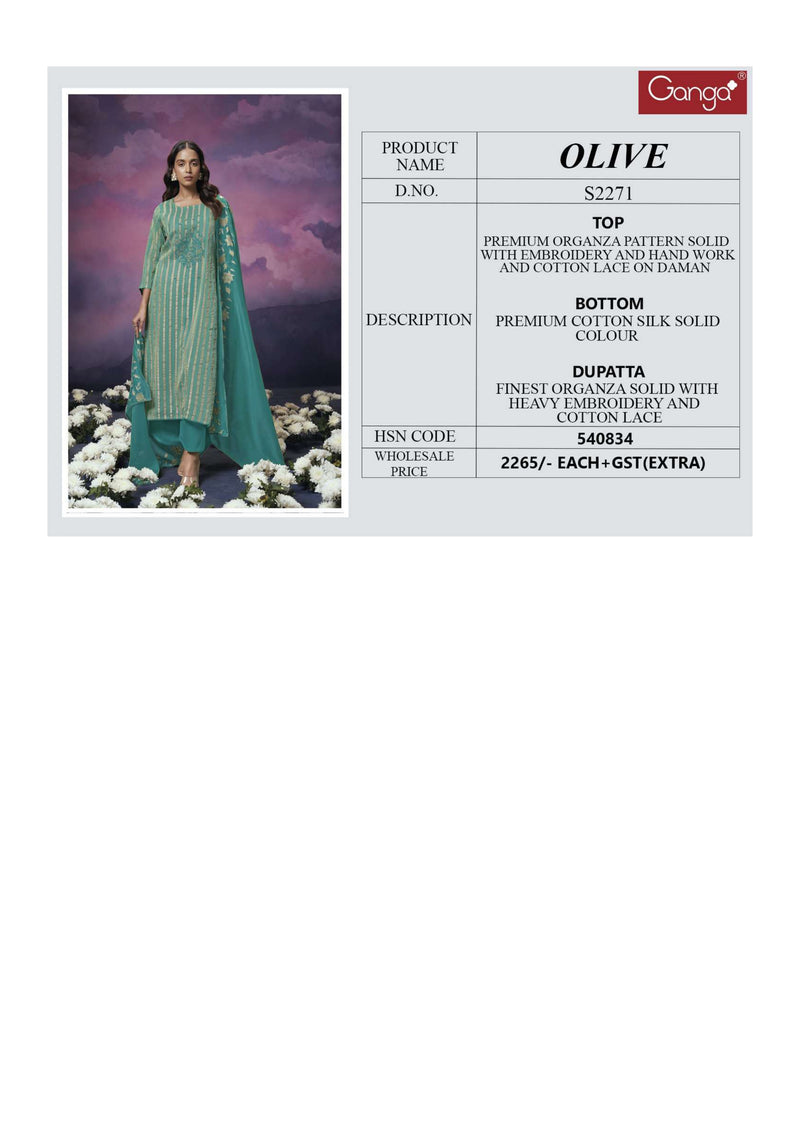 Ganga Fashion Olive 2271 Organza Embroidery Handwork Designer Wedding Wear Salwar Suit