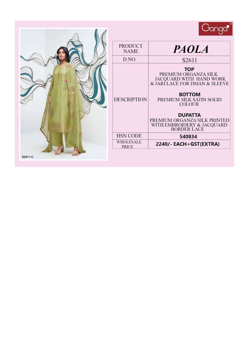 Ganga Fashion Paola 2611 Organza Silk Handwork Designer Salwar Suit