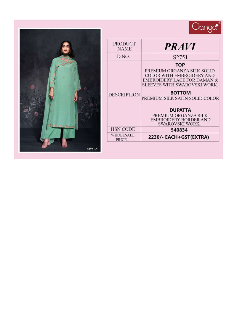 Ganga Fashion Pravi 2751 Organza Silk Embroidery Designer Salwar Suit