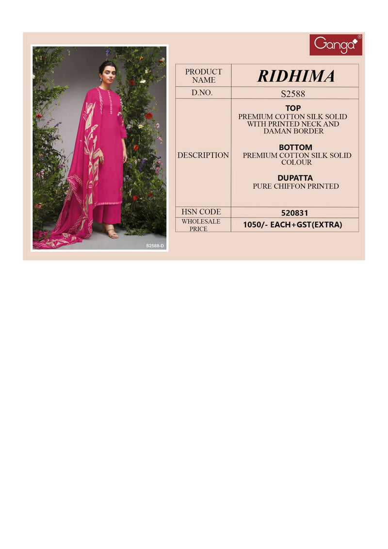 Ganga Fashion Ridhima 2588 Cotton Silk Solid Printed Designer Salwar Suit