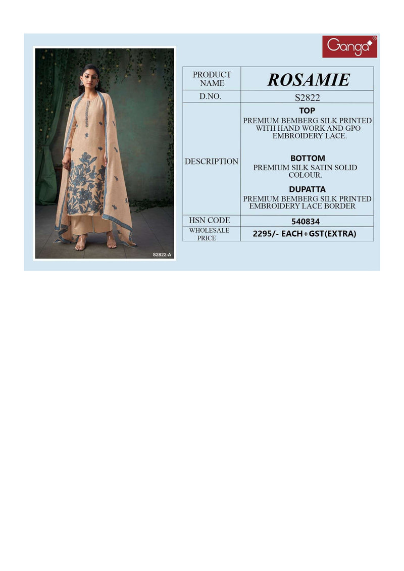 Ganga Fashion Rosamie 2822 Silk Printed Handwork Designer Salwar Suit