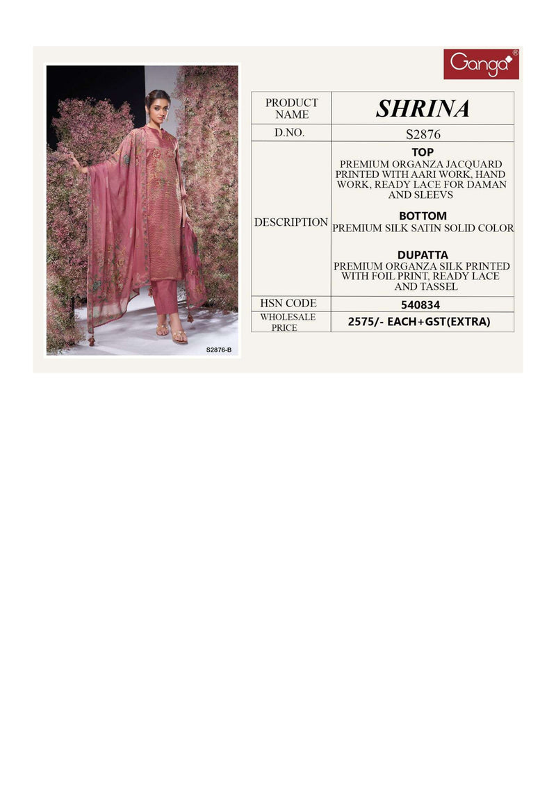 Ganga Fashion Shrina 2876 Organza Jacquard Printed Party Wear Salwar Suit