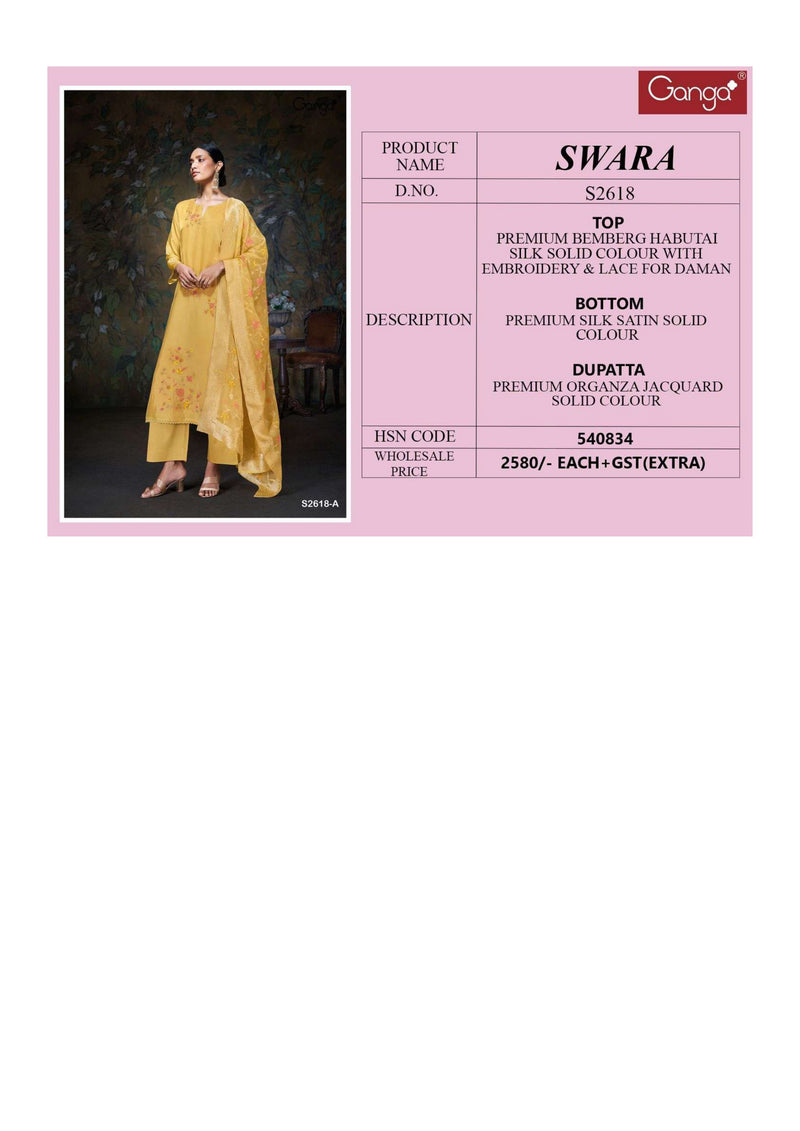 Ganga Fashion Swara 2618 Bemberg Habotai Silk Festival Wear Salwar Suit