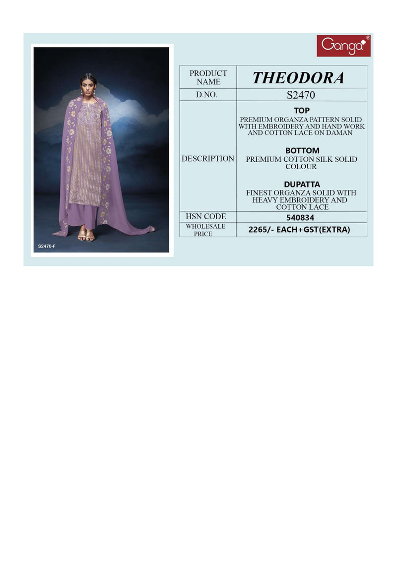 Ganga Fashion Theodora 2470 Organza Embroidery Hand Work Party Wear Salwar Suit