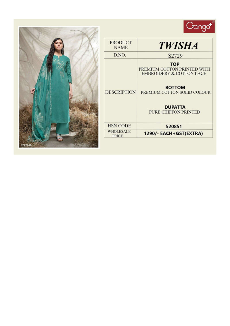 Ganga Fashion Twisha 2729 Cotton Printed Embroidery Designer Salwar Suit