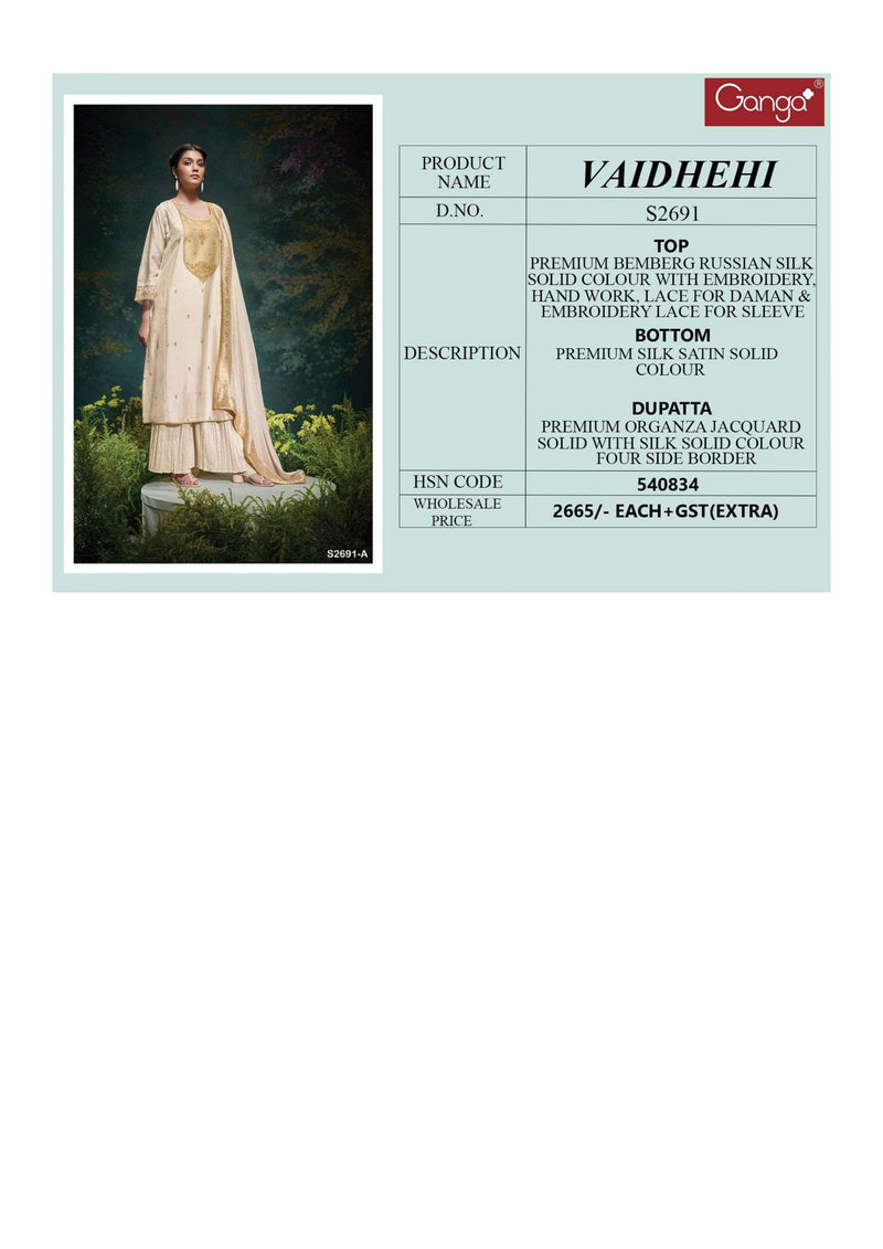 Ganga Fashion Vaidhehi 2691 Russian Silk Embroidery Handwork Party Wear Salwar Suit