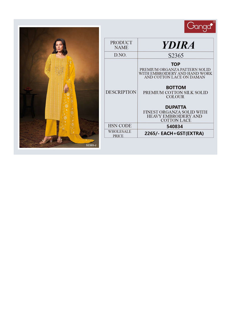 Ganga Fashion Ydira 2365 New Organza Embroidery Hand Work Party Wear Salwar Suit