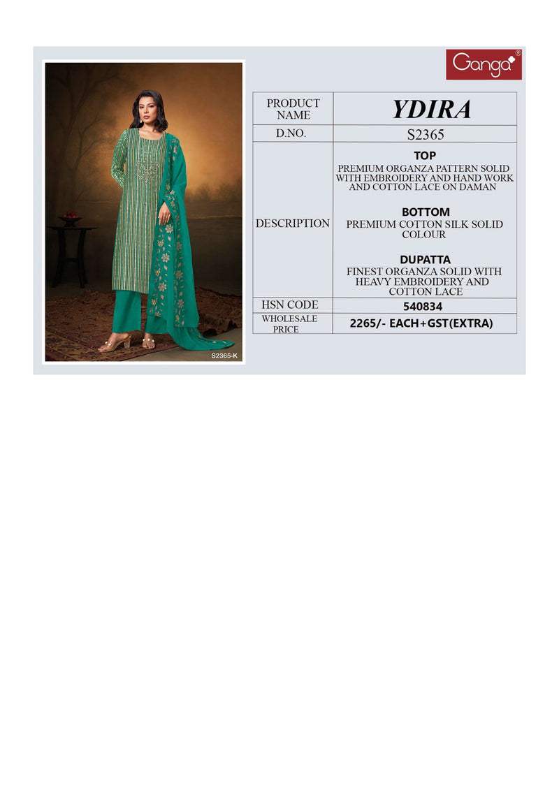Ganga Fashion Ydira 2365 Organza Pattern Embroidery Hand Work Party Wear Salwar Suit