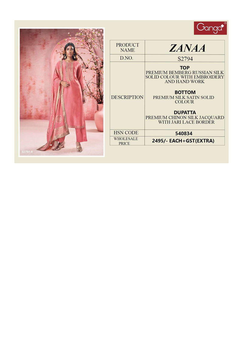 Ganga Fashion Zanaa 2794 Bemberg Russian Silk Festival Wear Salwar Kameez