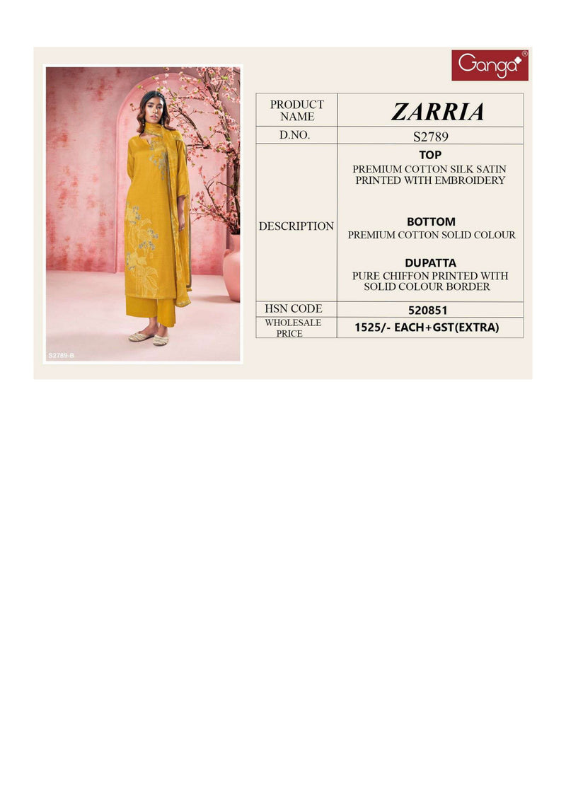 Ganga Fashion Zarria 2789 Cotton Silk Embroidery Festival Wear Salwar Kameez