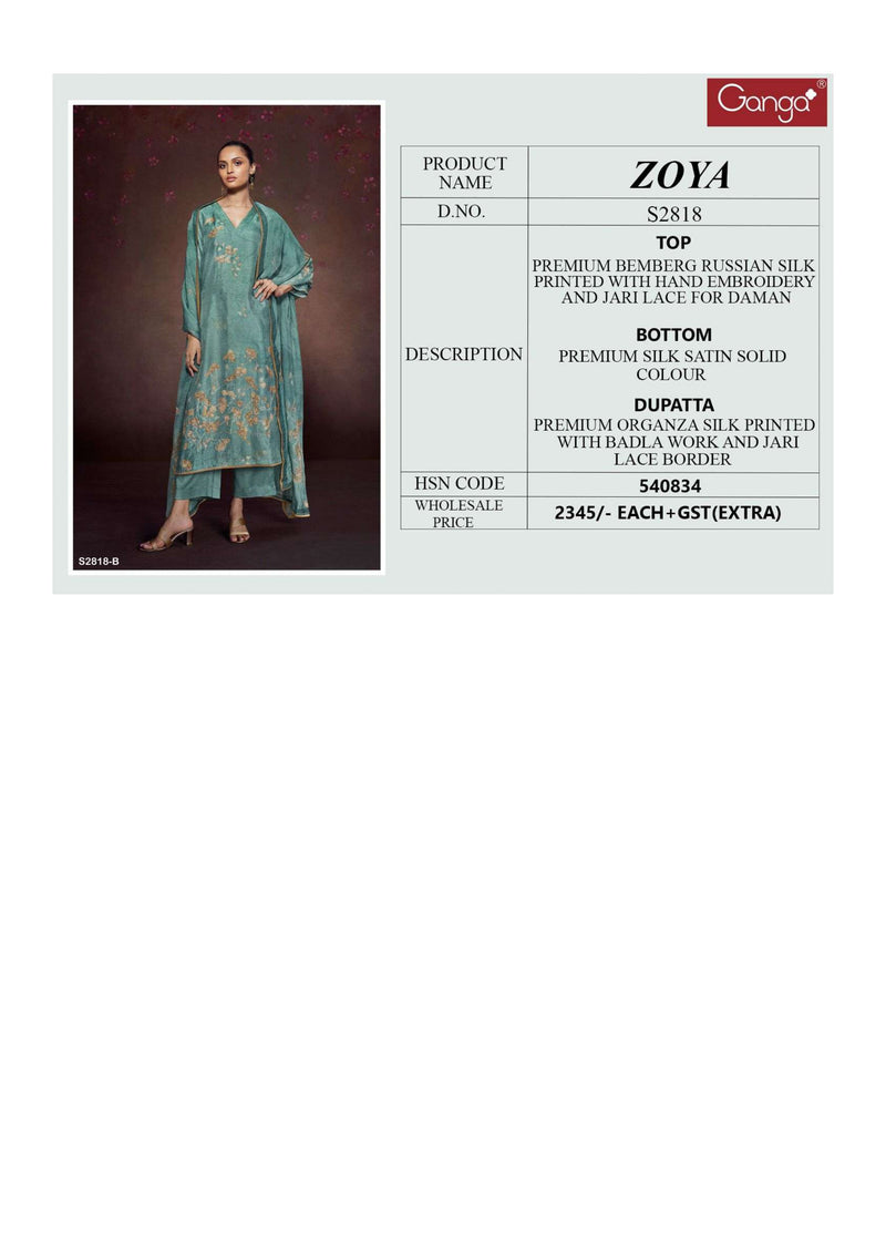 Ganga Fashion Zoya 2818 Bemberg Russian Silk  Printed Hand Embroidery Salwar Suit