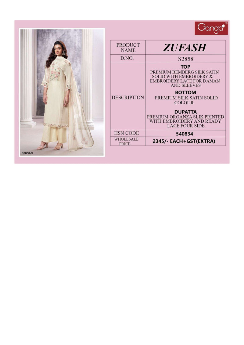 Ganga Fashion Zufash 2858 Silk Satin Solid Embroidery Fancy Salwar Suit
