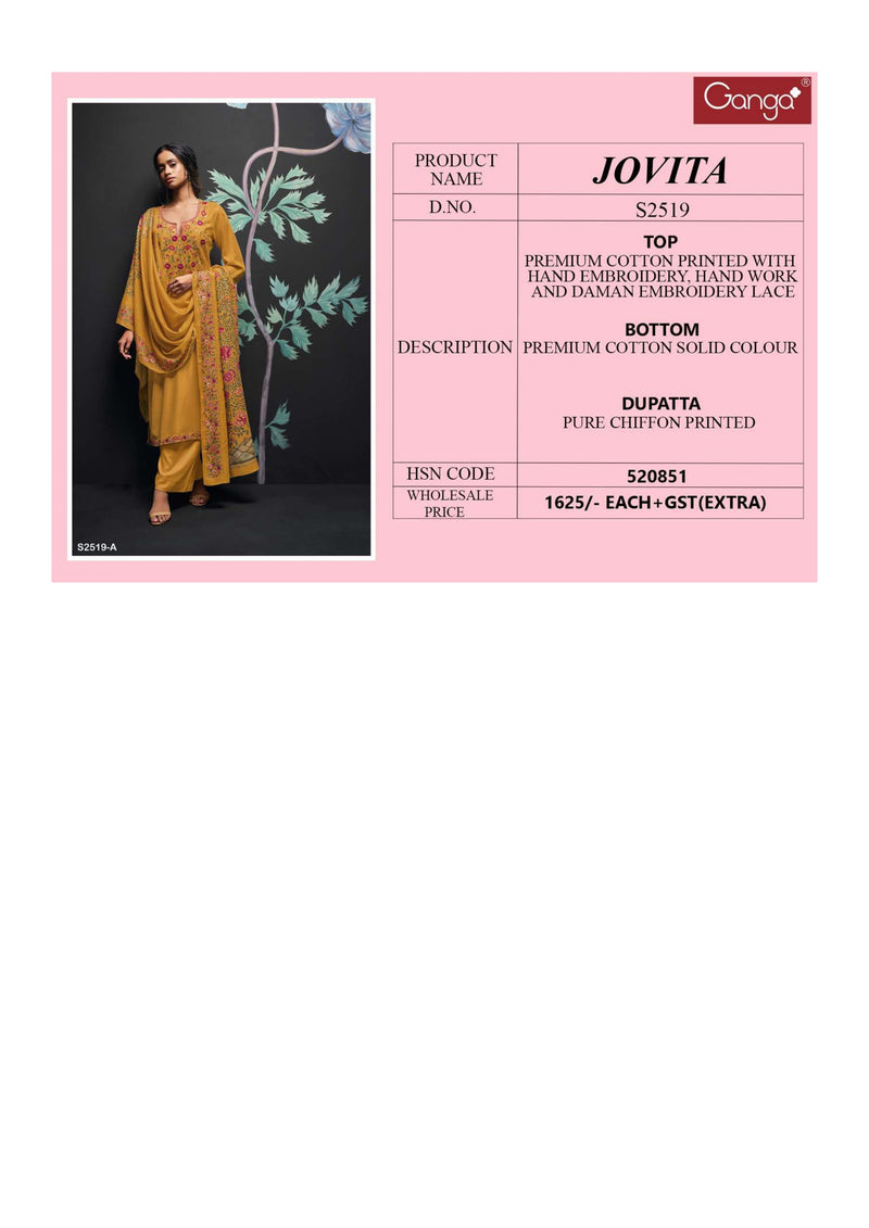 Ganga Fashion Jovita 2519 Cotton Printed Hand Embroidery Designer Salwar Suit