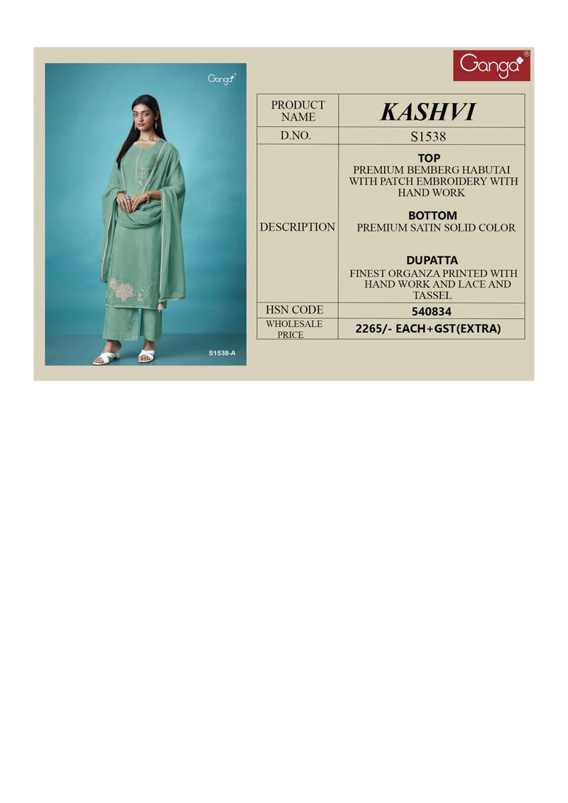 Ganga Fashion Kashvi 1538 Bemberg Habotai Patch Embroidery Work Fancy Salwar Suit