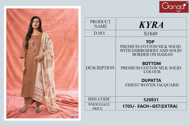 Ganga Kyra 1849 Fancy Work Casual Wear Single Salwar Kameez