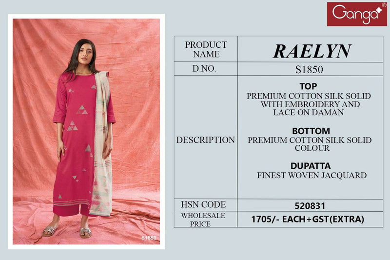 Ganga Raelyn 1850 Adorable Fancy Work Single Salwar Kameez