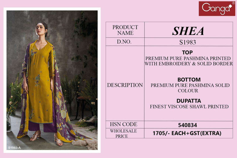 Ganga Shea 1983 Pure Pashmina Printed With Embroidery Salwar Kameez Collection