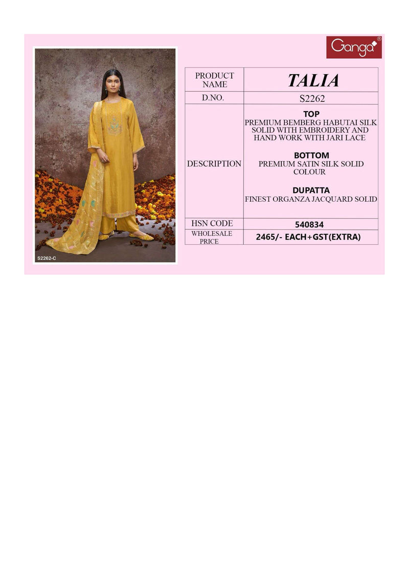 Ganga Fashion Talia 2262 Bemberg Habutai Silk Embroidery Salwar Suit