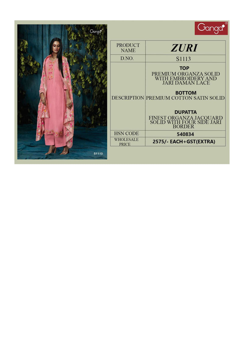 Ganga Fashion Zuri 1113 New Designs Organza Embroidery Designer Party Wear Salwar Suit