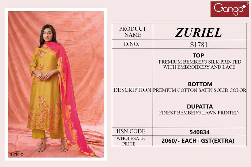 Ganga Zuriel 1781 Beautiful Printed With Work Salwar Kameez Material