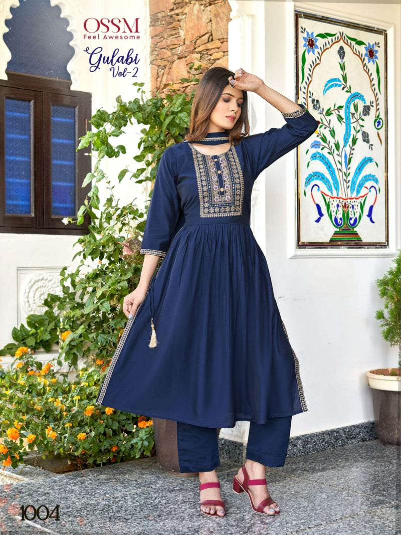 Gulabi Vol 2 By Ossm Fancy Designer Work Nayra Cut Kurti With Pant And Dupatta