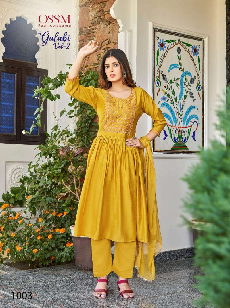Gulabi Vol 2 By Ossm Fancy Designer Work Nayra Cut Kurti With Pant And Dupatta