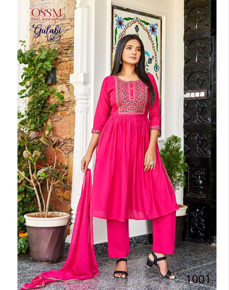 Gulabi Vol 2 By Ossm Fancy Designer Work Nayra Cut Kurti With Pant And Dupatta