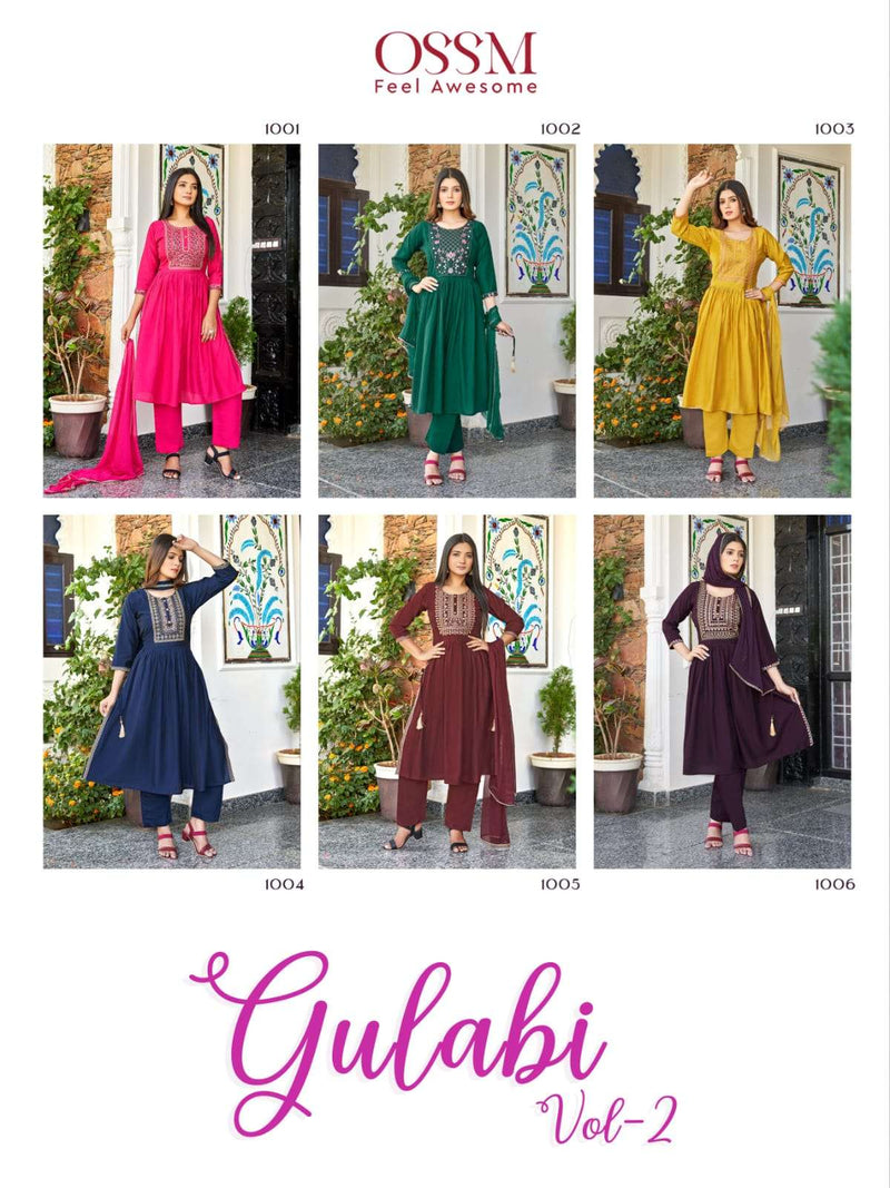 Gulabi Vol 2 By Ossm Fancy Designer Work Nayra Cut Kurti With Pant And Dupatta