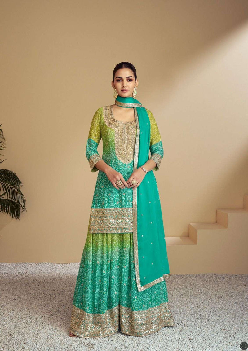 Gulkayra Designer Florence Chinon Embroidery Work Designer Wedding Wear Kurti Plazo Dupatta Set