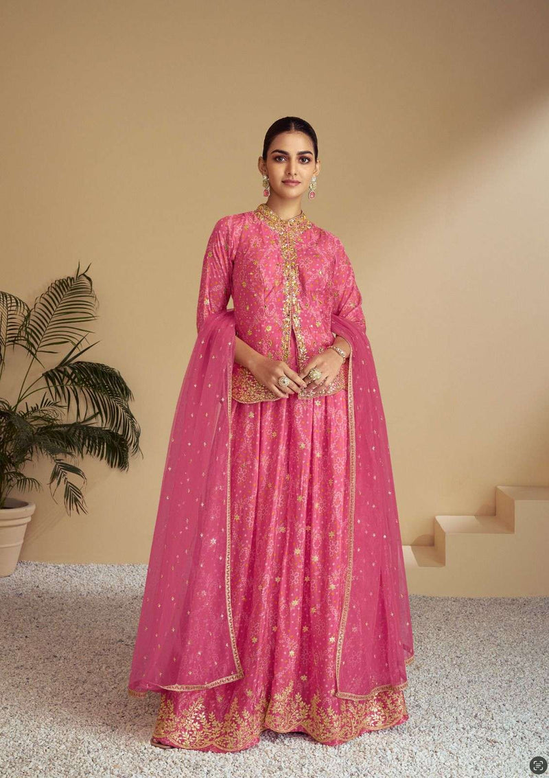 Gulkayra Designer Florence Chinon Embroidery Work Designer Wedding Wear Kurti Plazo Dupatta Set