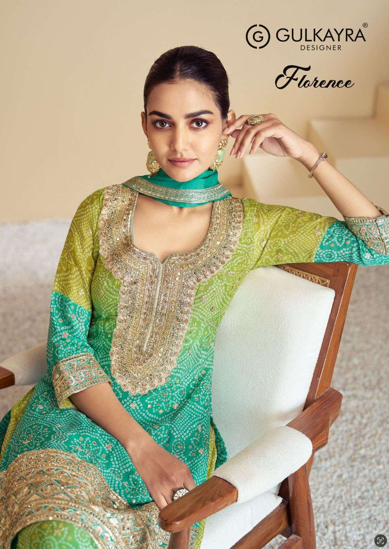 Gulkayra Designer Florence Chinon Embroidery Work Designer Wedding Wear Kurti Plazo Dupatta Set
