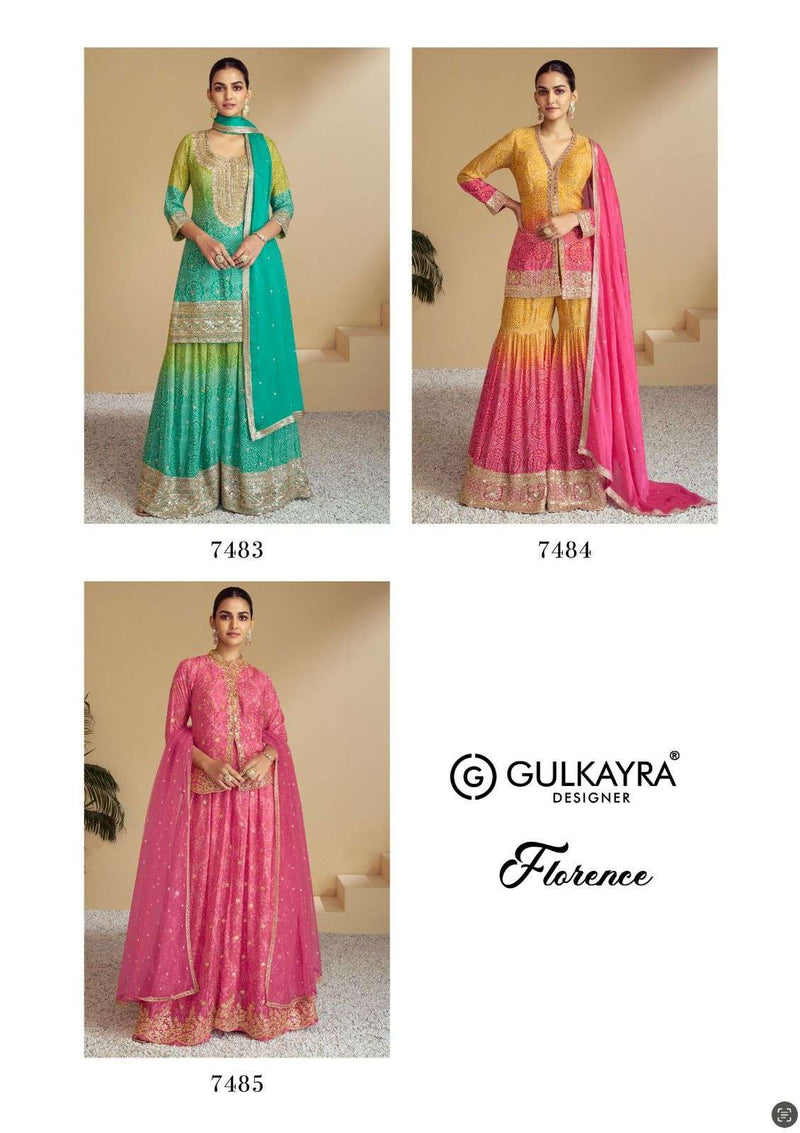 Gulkayra Designer Florence Chinon Embroidery Work Designer Wedding Wear Kurti Plazo Dupatta Set