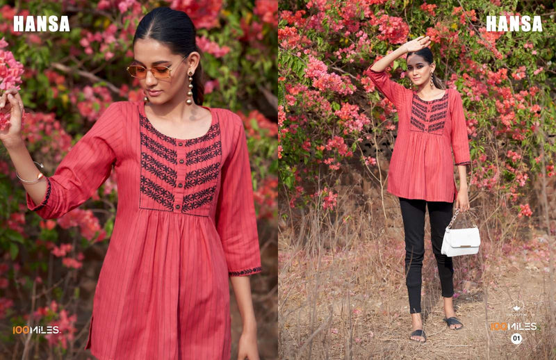 Hansa By 100 Miles Pure Cotton Stitchline Embroidered Fancy Tops