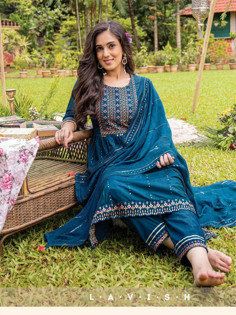 Heritage Creation Zoya Chanderi Silk Designer Flared Kurti Pant Dupatta Set