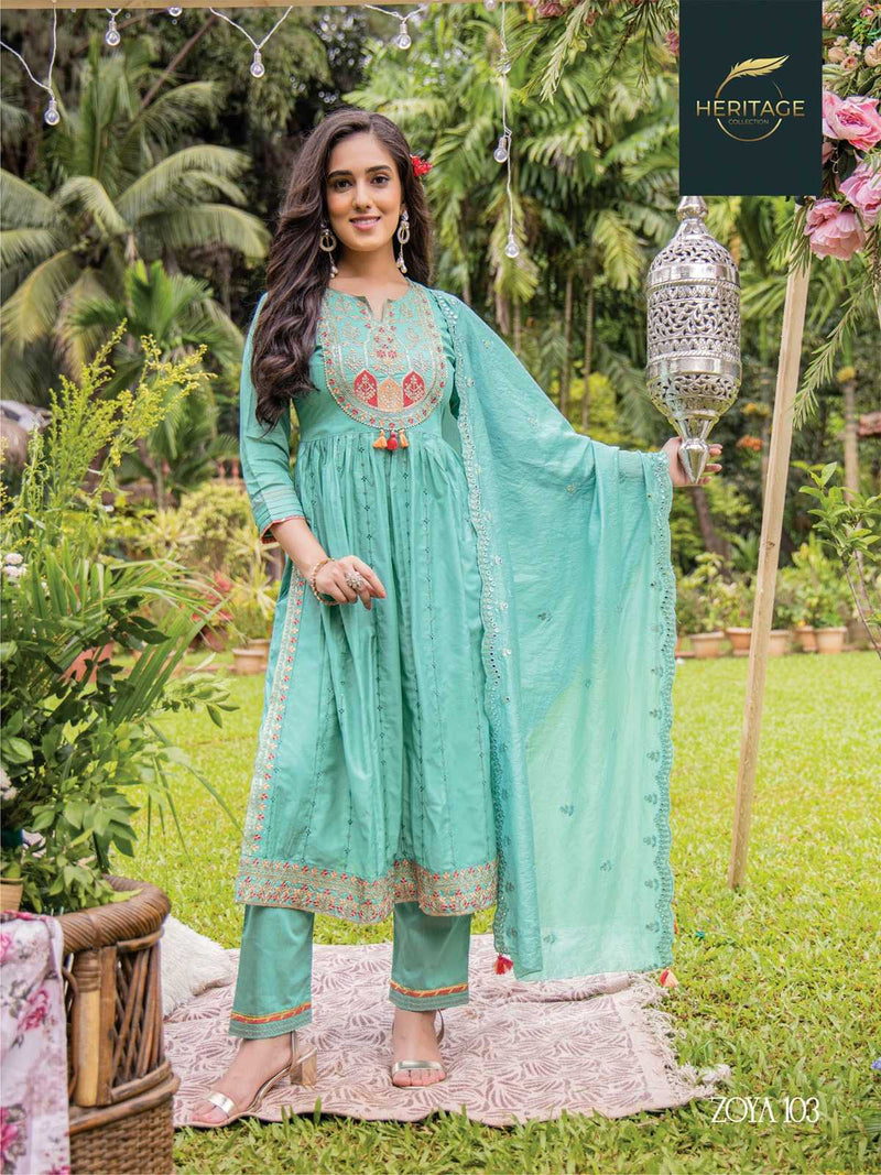 Heritage Creation Zoya Chanderi Silk Designer Flared Kurti Pant Dupatta Set