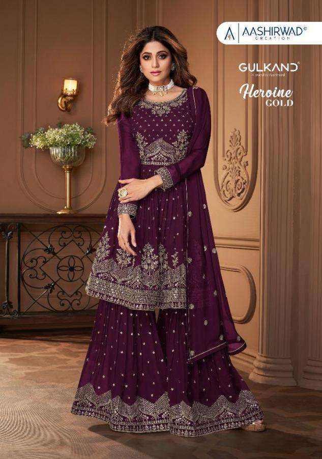 Aashirwad Creation Heroine Gold Georgette Heavy Embroidery Kurti With Sharara