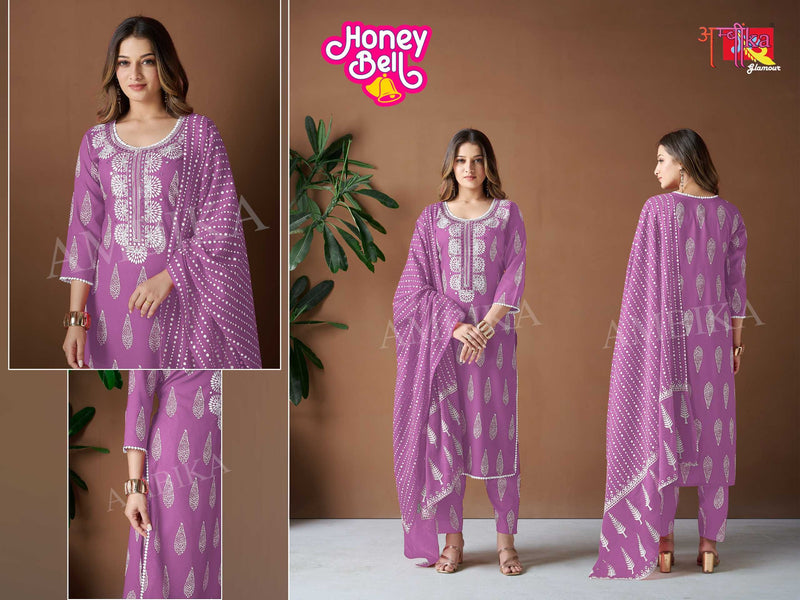 Ambika Kurtis Honey Bell Rayon Printed Mirror Work And Less On Neck Kurti Pant Dupatta Set