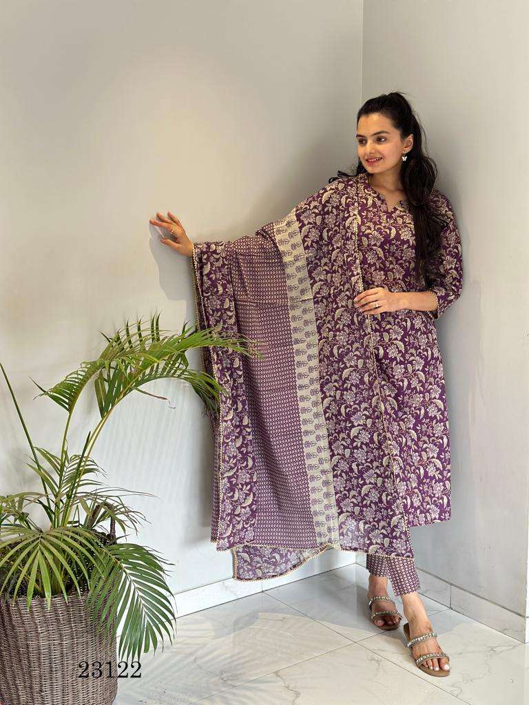 Indira Apparel 23122 Fancy 3pcs Set Straight Kurti With Pant And Mul Mul Dupatta Combo Set