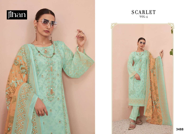 Jihan Scarlet Vol 4 Lawn Cotton Print Exclusive Heavy Self Embrodery Designer Suit