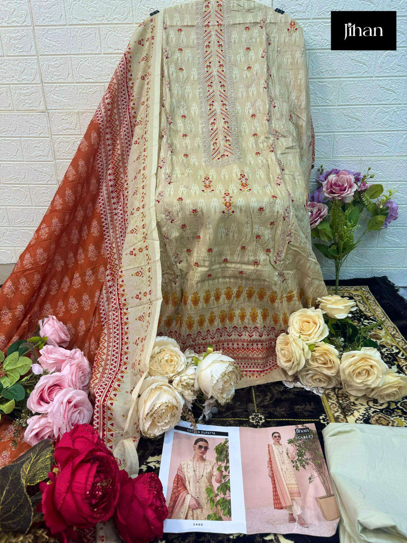 Jihan Scarlet Vol 4 Lawn Cotton Print Exclusive Heavy Self Embrodery Designer Suit