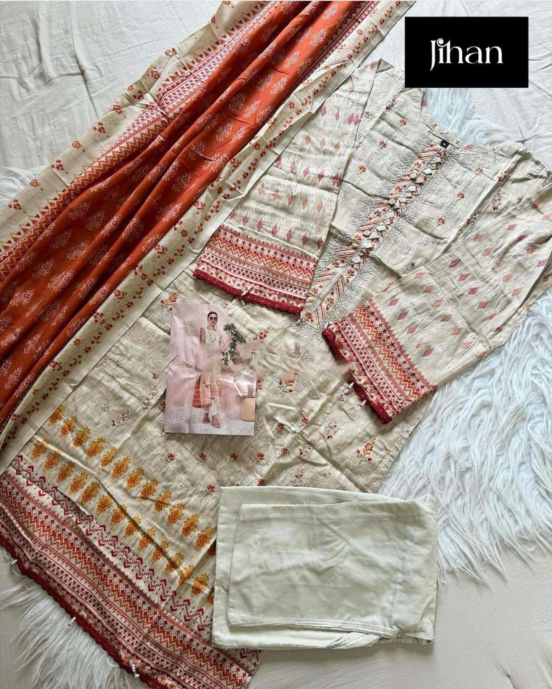 Jihan Scarlet Vol 4 Lawn Cotton Print Exclusive Heavy Self Embrodery Designer Suit