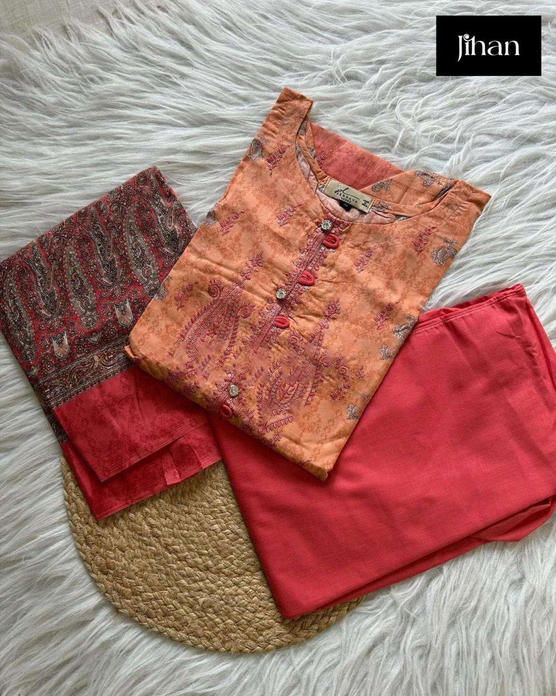 Jihan Scarlet Vol 4 Lawn Cotton Print Exclusive Heavy Self Embrodery Designer Suit