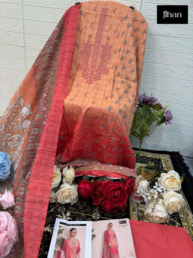 Jihan Scarlet Vol 4 Lawn Cotton Print Exclusive Heavy Self Embrodery Designer Suit