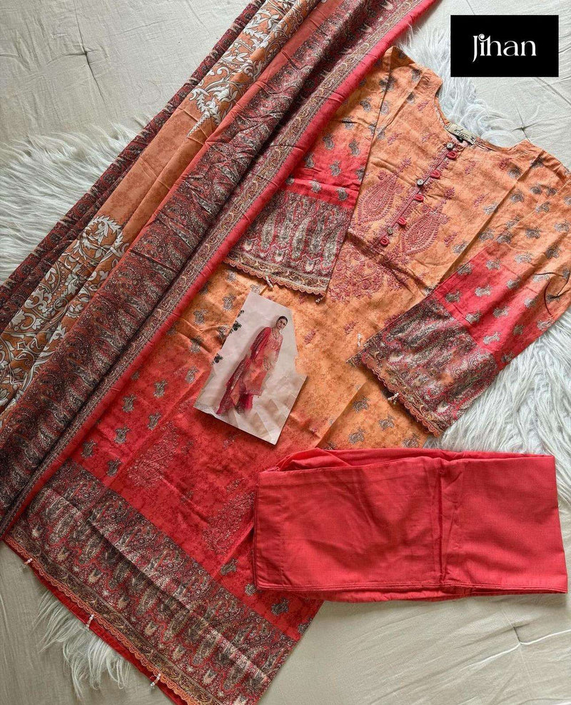 Jihan Scarlet Vol 4 Lawn Cotton Print Exclusive Heavy Self Embrodery Designer Suit