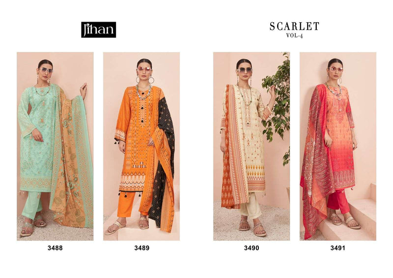 Jihan Scarlet Vol 4 Lawn Cotton Print Exclusive Heavy Self Embrodery Designer Suit