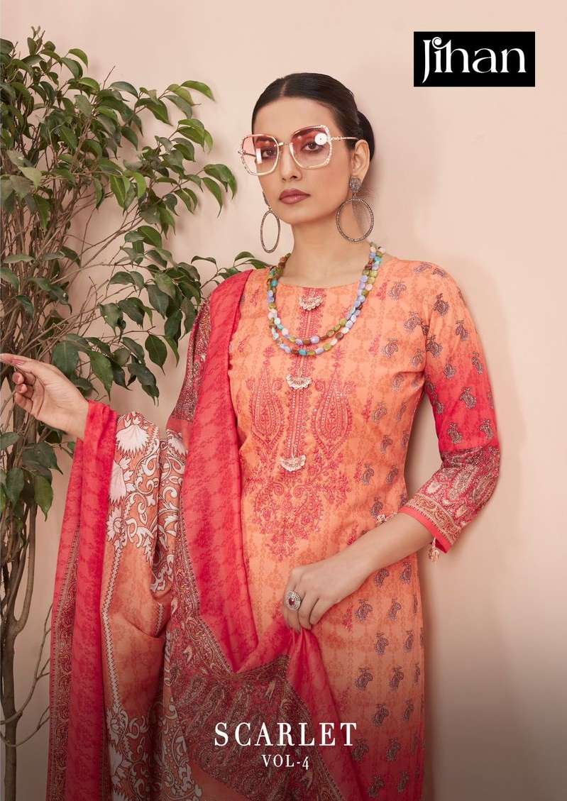 Jihan Scarlet Vol 4 Lawn Cotton Print Exclusive Heavy Self Embrodery Designer Suit
