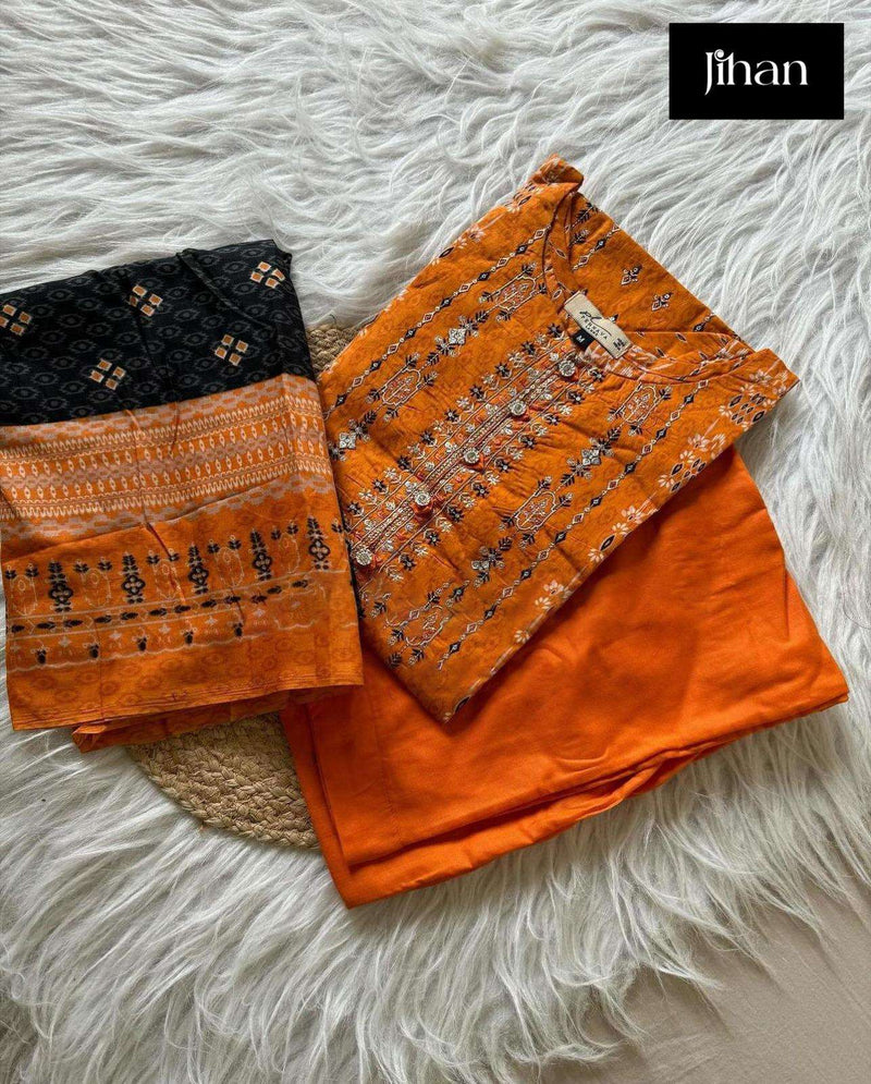 Jihan Scarlet Vol 4 Lawn Cotton Print Exclusive Heavy Self Embrodery Designer Suit