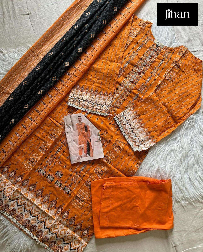 Jihan Scarlet Vol 4 Lawn Cotton Print Exclusive Heavy Self Embrodery Designer Suit