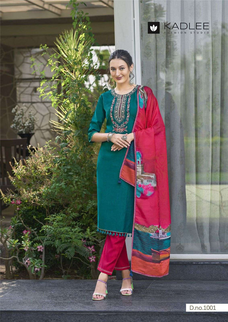 Kadlee Fashion Zarin Viscose Weaving Handwork & Embroidery Fancy Kurti With Pant Dupatta Set